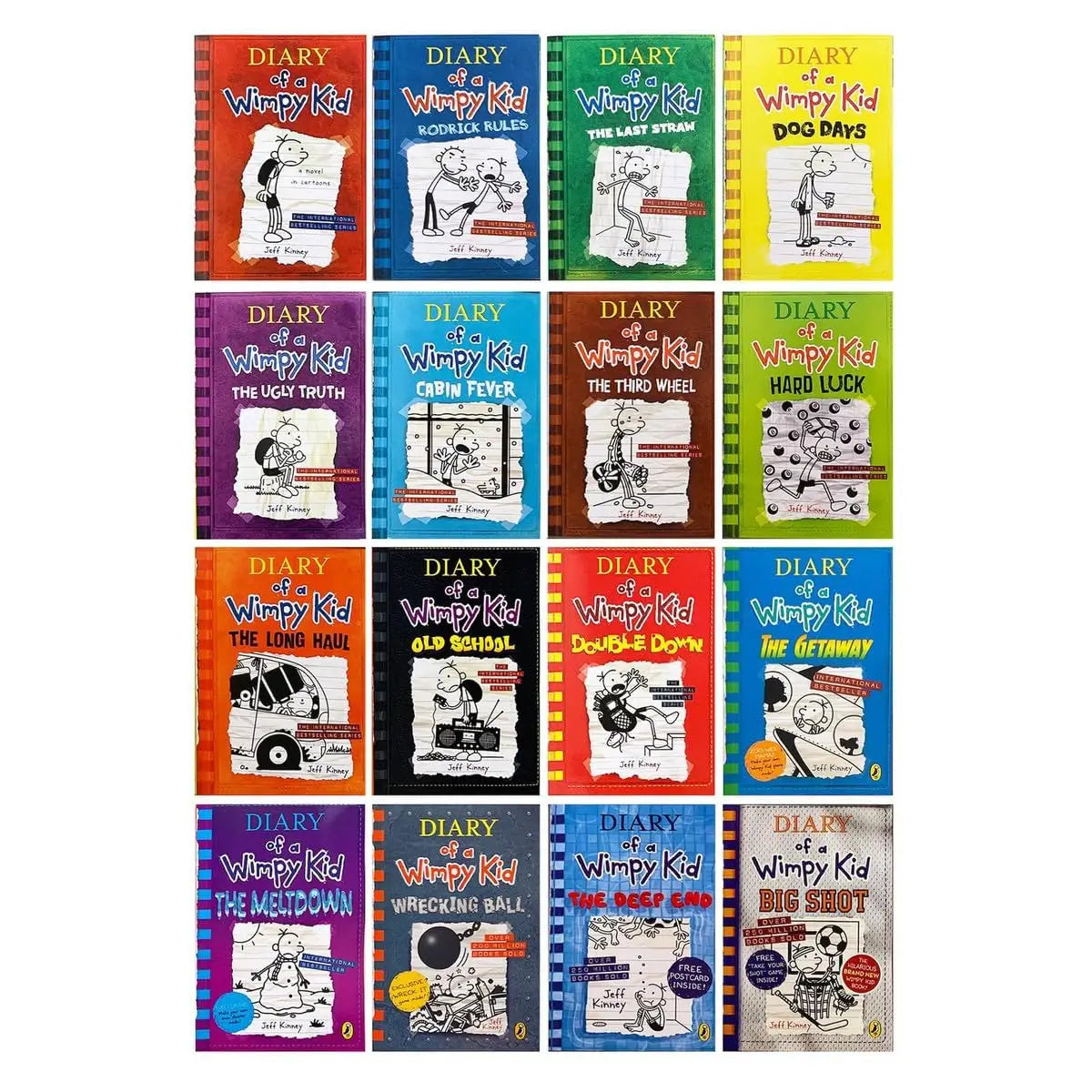 A 5x5 grid of colorful children's book covers from the 'Diary of the WimpKid' series, showing multiple editions and titles including 'The Great Race', 'The Long Man', 'Double Down', and 'Big Shot'.