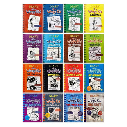 A 5x5 grid of colorful children's book covers from the 'Diary of the WimpKid' series, showing multiple editions and titles including 'The Great Race', 'The Long Man', 'Double Down', and 'Big Shot'.