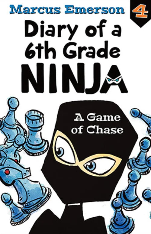 Book cover of 'Diary of a 6th Grade Ninja' with a ninja character and chess pieces.