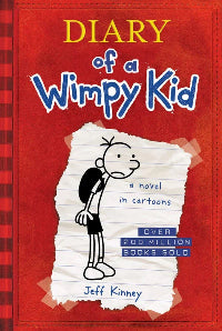 Book cover of 'Diary of a Wimpy Kid' with cartoon character and red background