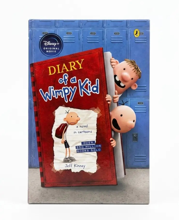 The front cover of the Disney's Original Movie book 'Diary of a Wimpy Kid' by Jeff Kinney, featuring illustrations of the characters peeking from behind blue lockers.