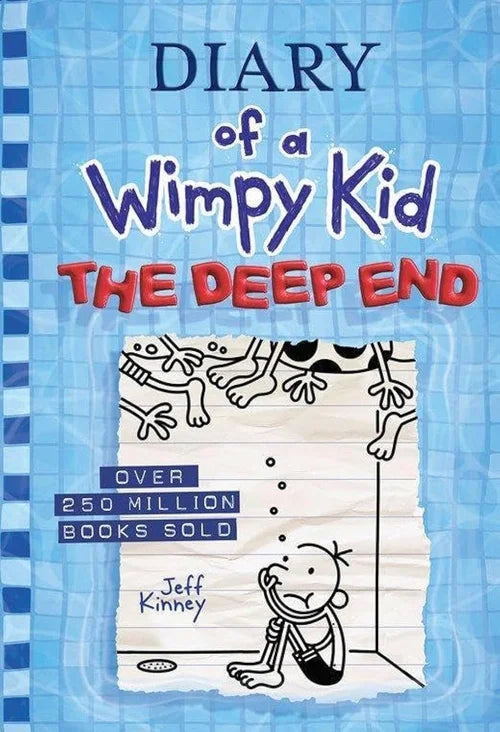 Book cover of 'Diary of a Wimpy Kid: The Deep End' by Jeff Kinney with a blue background and character illustration.