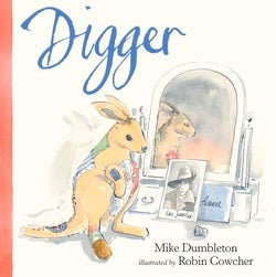 Book cover of 'Digger' with a kangaroo character and a mirror reflection.