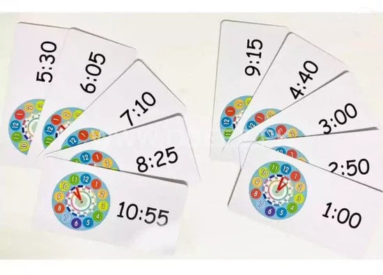 Set of time cards with colorful clock faces on a white background