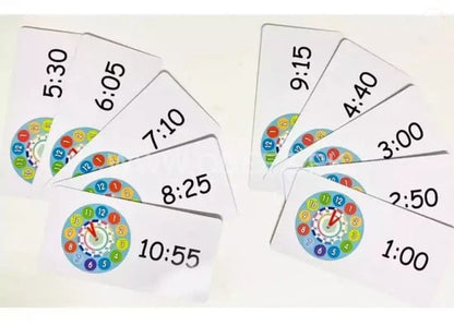 Set of time cards with colorful clock faces on a white background
