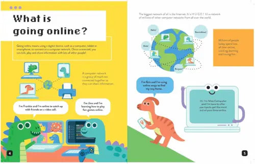 Children's book page about computers and the internet with colorful illustrations of dinosaurs and a computer.