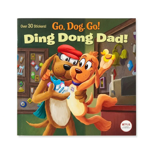 The front cover of the children's book 'Go, Dog, Go! Ding Dong Dad!' shows two cartoon dogs in a colorful indoor scene. The book has a white border and a visible Netflix logo in the bottom right corner.