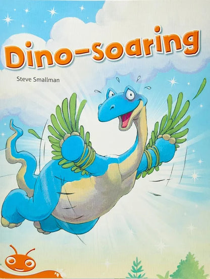 Book cover of 'Dino-soaring' with a cartoon dinosaur against a blue sky.