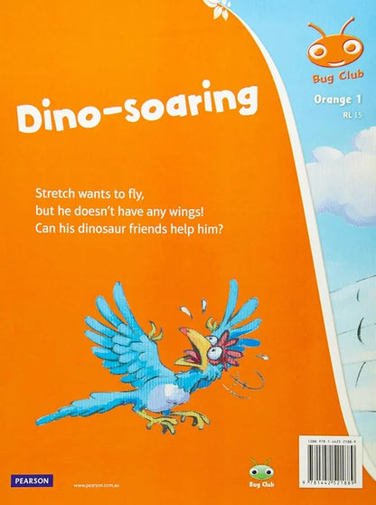 Book cover of 'Dino-soaring' from Bug Club with a dinosaur illustration on an orange background.