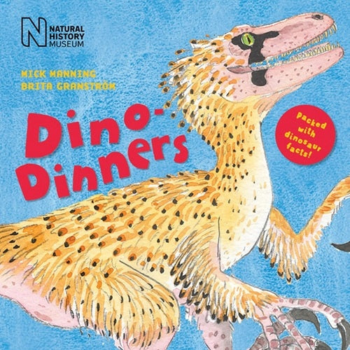 Book cover of 'Dino-Dinners' with a dinosaur illustration and Natural History Museum logo.