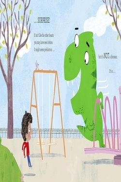 Illustration of a child and a dinosaur at a playground with text overlay.