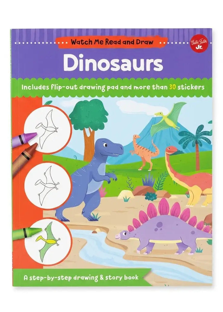 A children's activity book titled 'Dinosaurs' from the 'Watch Me Read and Draw' series, featuring colorful dinosaur illustrations, flip-out drawing pad pages, and a mention of included stickers.