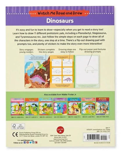 Back cover of a children's activity book titled 'Watch Me Read and Draw: Dinosaurs' showing colorful text, sample dinosaur illustrations, sticker areas, and publisher contact information.