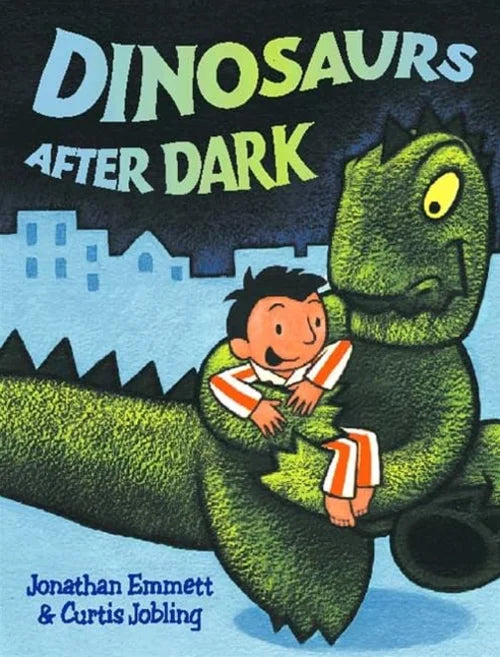 Book cover of 'Dinosaurs After Dark' with a dinosaur and child illustration.