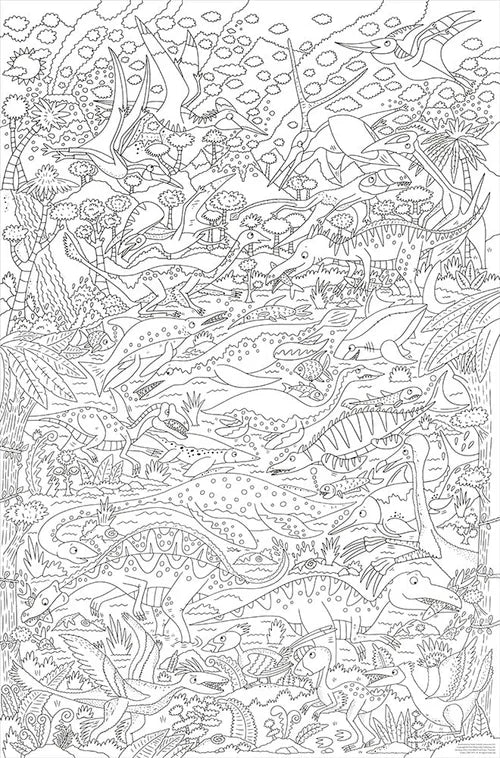 Coloring page with detailed black and white illustrations of dinosaurs and prehistoric creatures.