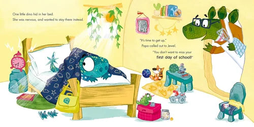 Illustration of a dragon character in a bedroom with a child, likely from a children's book.