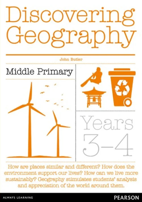 Book cover of 'Discovering Geography' for middle primary students, featuring illustrations of wind turbines and a recycling bin.