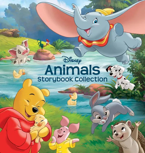 Cover of Disney Animals Storybook Collection featuring Winnie the Pooh, Piglet, Dumbo, and other characters by a river.