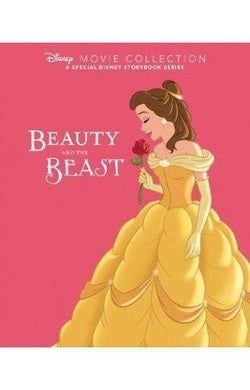 Book cover of 'Beauty and the Beast' with Belle holding a rose on a pink background