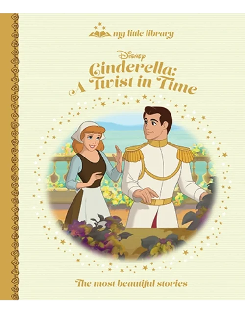 Book cover of 'Cinderella: A Twist in Time' with illustrations of Cinderella and the Prince on a beige background.
