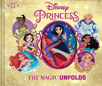Disney Princess book cover with characters and 'The Magic Unfolds' text on a beige background