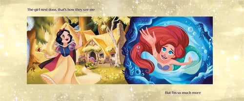 Two animated characters from Disney, Snow White and Ariel, with text on a decorative background.