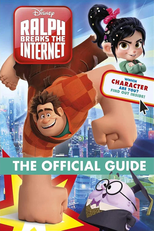 Book cover of 'Ralph Breaks the Internet' with characters Ralph and Vanellope, and cityscape background.