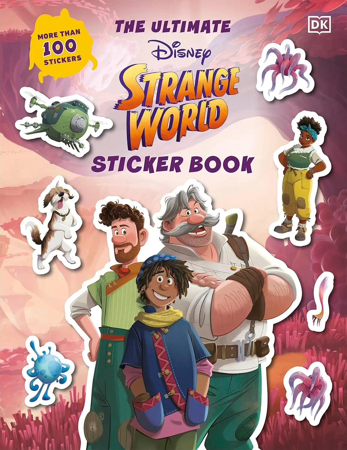 Disney Strange World sticker book cover with characters and stickers on a pink and purple gradient background.