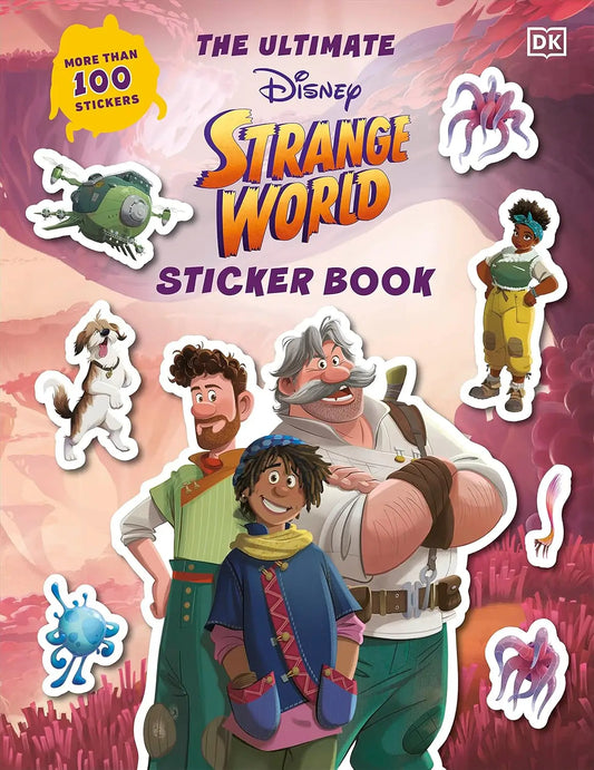 Disney Strange World sticker book cover with characters and stickers on a pink and purple gradient background.