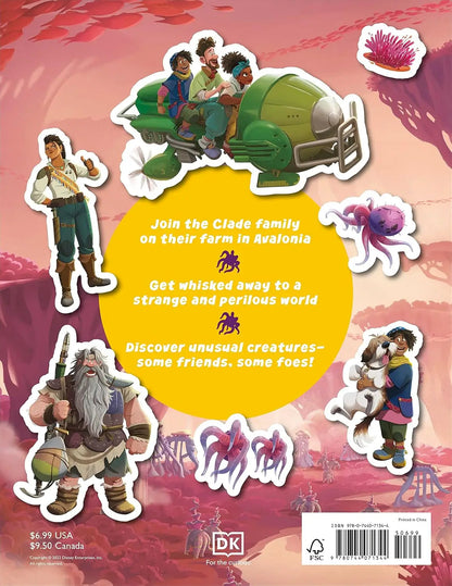Back cover of the DK The Clade Family board game, featuring colorful cartoon illustrations of characters and creatures on a pinkish-purple background with a large yellow circle in the center containing product text.