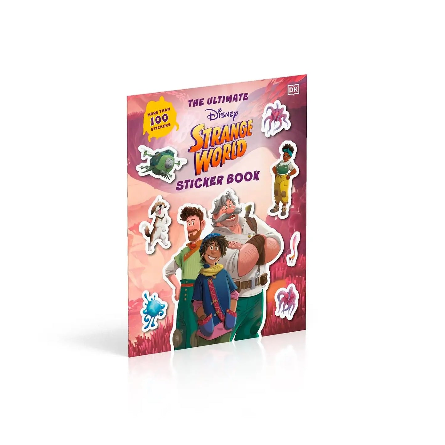 The Ultimate Disney Strange World Sticker Book featuring colorful cartoon illustrations of characters and planets on the cover, shown standing upright on a white background with a soft shadow.