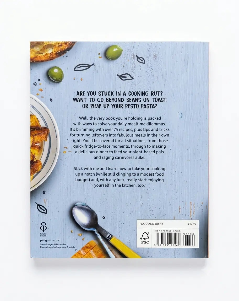 The back cover of a book titled 'Food and Drink' by Young Pig, featuring a light blue textured background with cooking-themed illustrations, a spoon, olives, and bread, and a barcode at the bottom right.