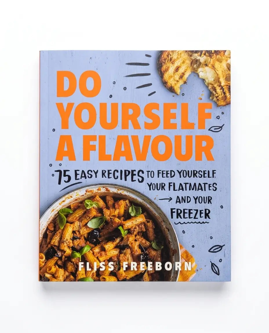 The front cover of the cookbook 'Do Yourself a Flavour' by Fliss Freeborn, featuring a light blue background with bold orange and black text and food photography of pasta and a pie.