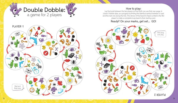 Double Dobble game board with colorful illustrations and text on a yellow and purple background
