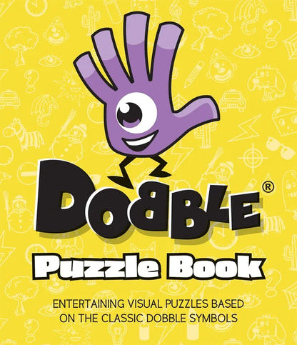 Cover of 'Dobble Puzzle Book' with a cartoon hand and eye design on a yellow background.