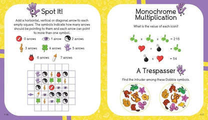 Educational book page with math problems and graphics, featuring a purple border.