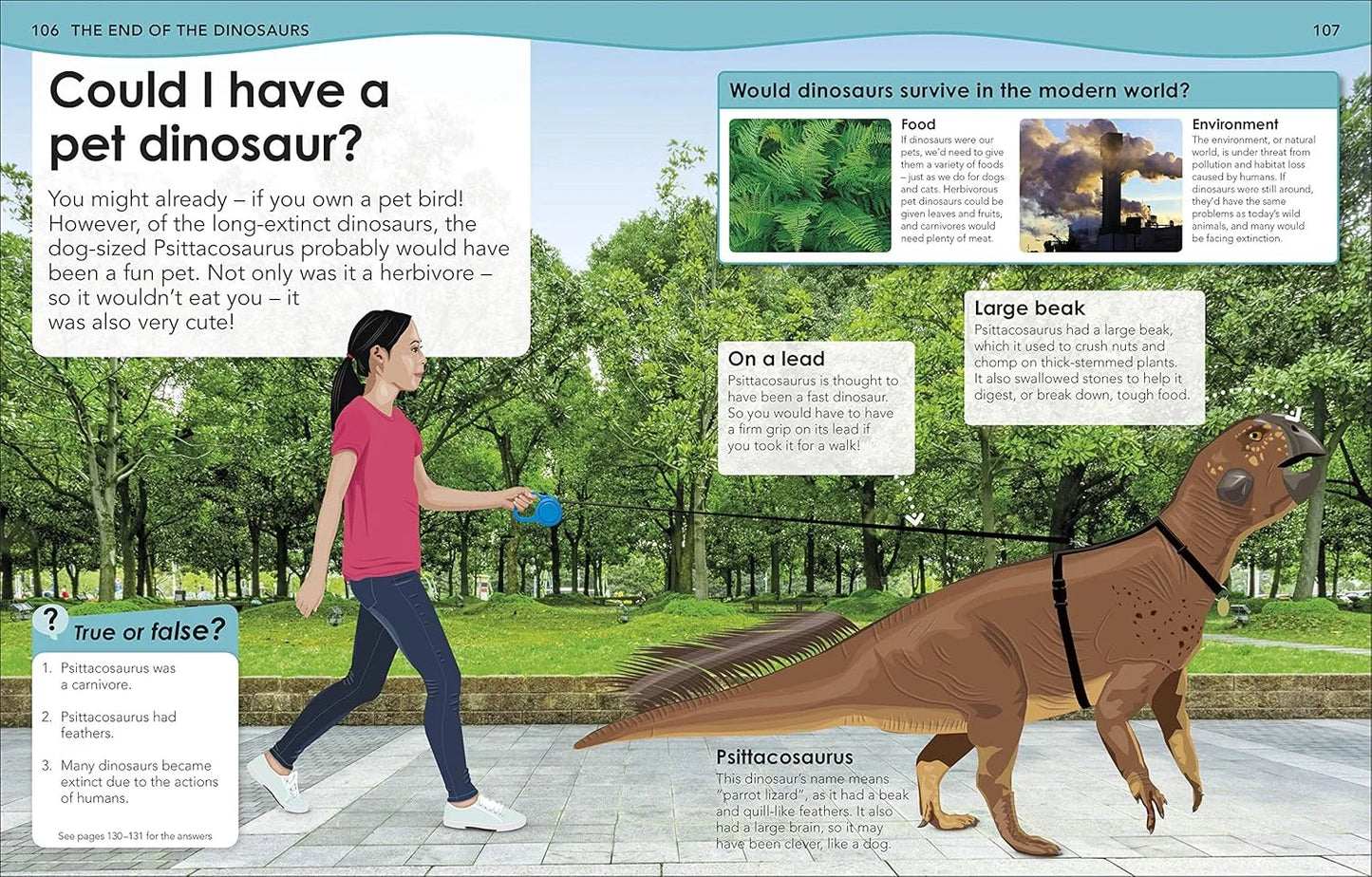 Illustration of a person walking a Puffacosaurus dinosaur in a park setting with educational text about dinosaurs.