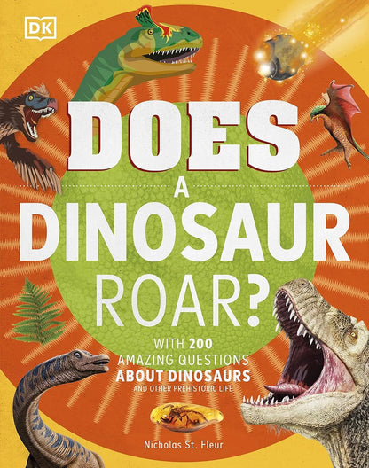 Book cover of 'Does a Dinosaur Roar?' with dinosaur illustrations and DK logo.