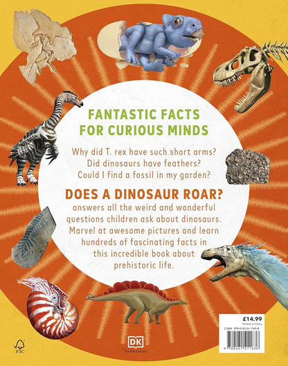 Book cover with dinosaur illustrations and text about dinosaur facts and questions.