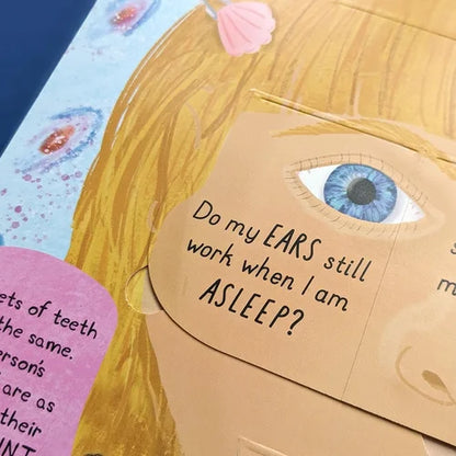 Illustration of a child wearing a mask with text and a colorful background