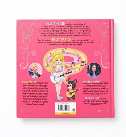 The back cover of a children's book titled 'Billy the Kid' with 'Dolly Parton' featured prominently, shown against a plain white background. The cover is bright pink with illustrations of a blonde woman playing a pink guitar, a small dog playing an acoustic guitar, and text sections for author, illustrator, and cast.