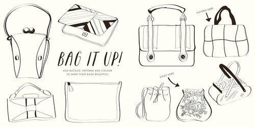 Illustrations of various handbags with text 'Bag It Up!' and design elements.