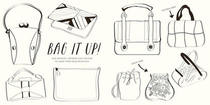Illustrations of various handbags with text 'Bag It Up!' and design elements.