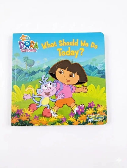 Children's book cover featuring Dora the Explorer and a monkey in a colorful setting