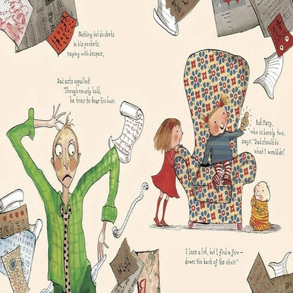 Illustration of a man, child, and baby with a chair and scattered papers on a beige background