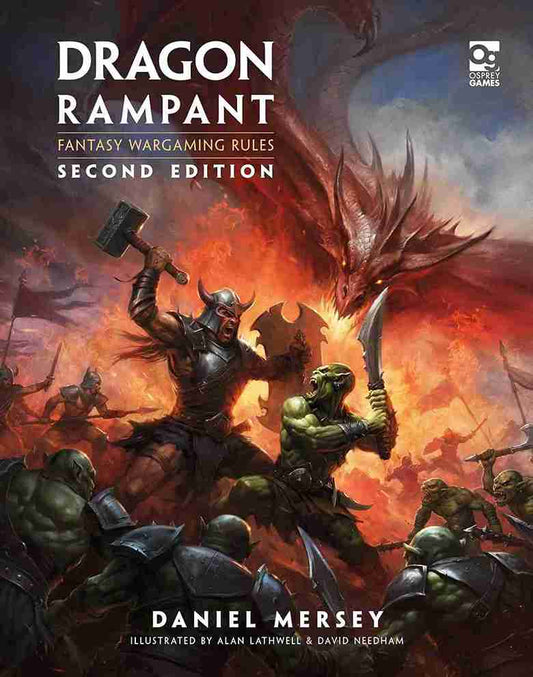 Fantasy wargaming rules book titled 'Dragon Rampant' with illustrations of a dragon and warriors.
