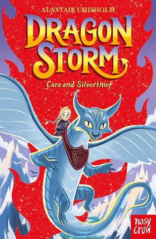 Book cover of 'Dragon Storm' featuring a dragon and a character on a red background
