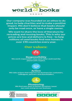World of Books Group advertisement with values and mission statement on a green and blue background