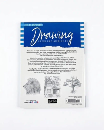 Back cover of a book titled 'Drawing Lifelike Subjects' by Step-by-Step Studio, shown against a plain white background.