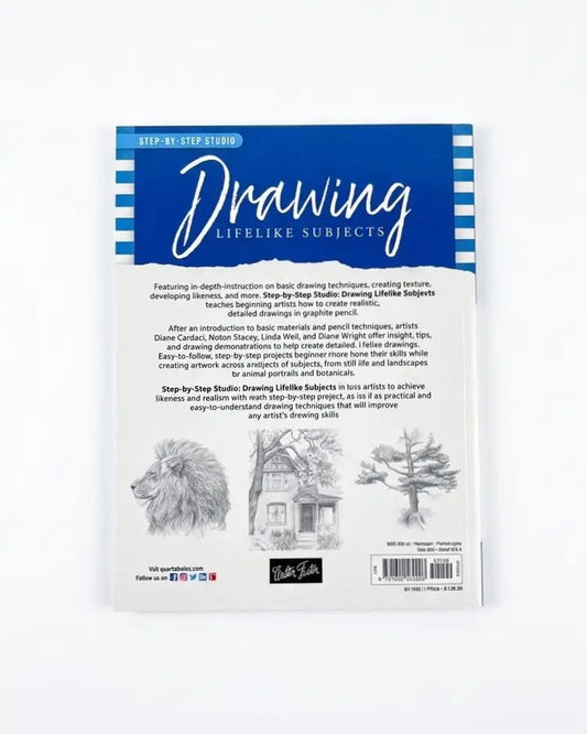 Back cover of a book titled 'Drawing Lifelike Subjects' by Step-by-Step Studio, shown against a plain white background.